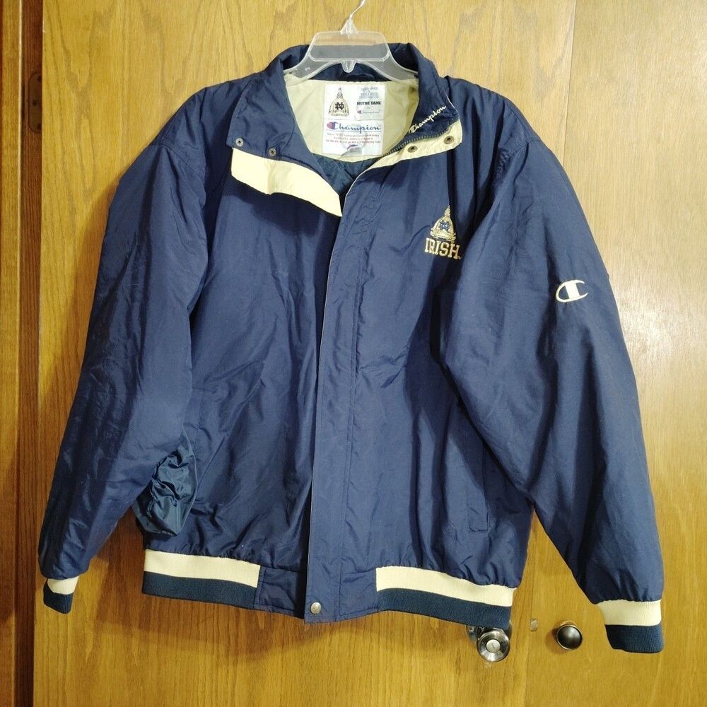 Vintage Notre Dame Champion Jacket LARGE Fighting Irish Nylon Coat Blue